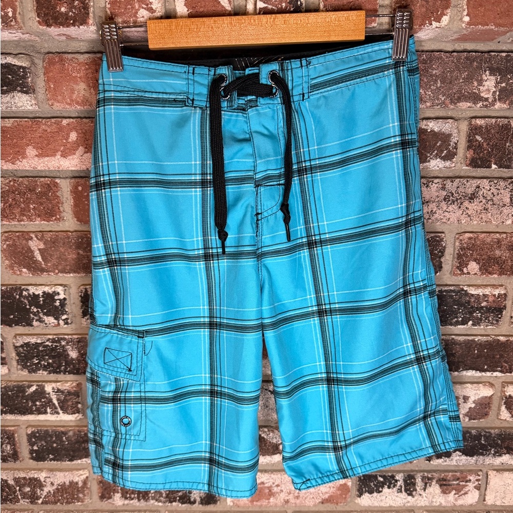 Point Zero Turquoise Plaid Kids Swim Shorts